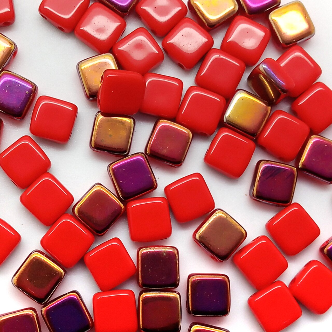 Czech Glass Tile Beads, 50 pc, 6mm Two-tone Red & Metallic, Adorabilities